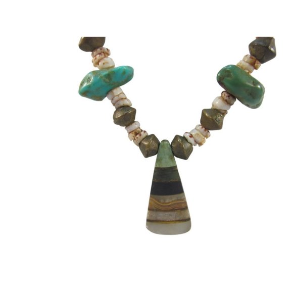 Southwestern Turquoise Nugget Brass Shell Pendant Necklace - Picture 5 of 16